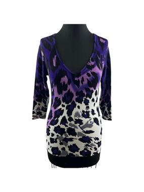 CACHE Purple Black White Animal Print Leopard 3/4 Sleeve Knit Top XS NEW